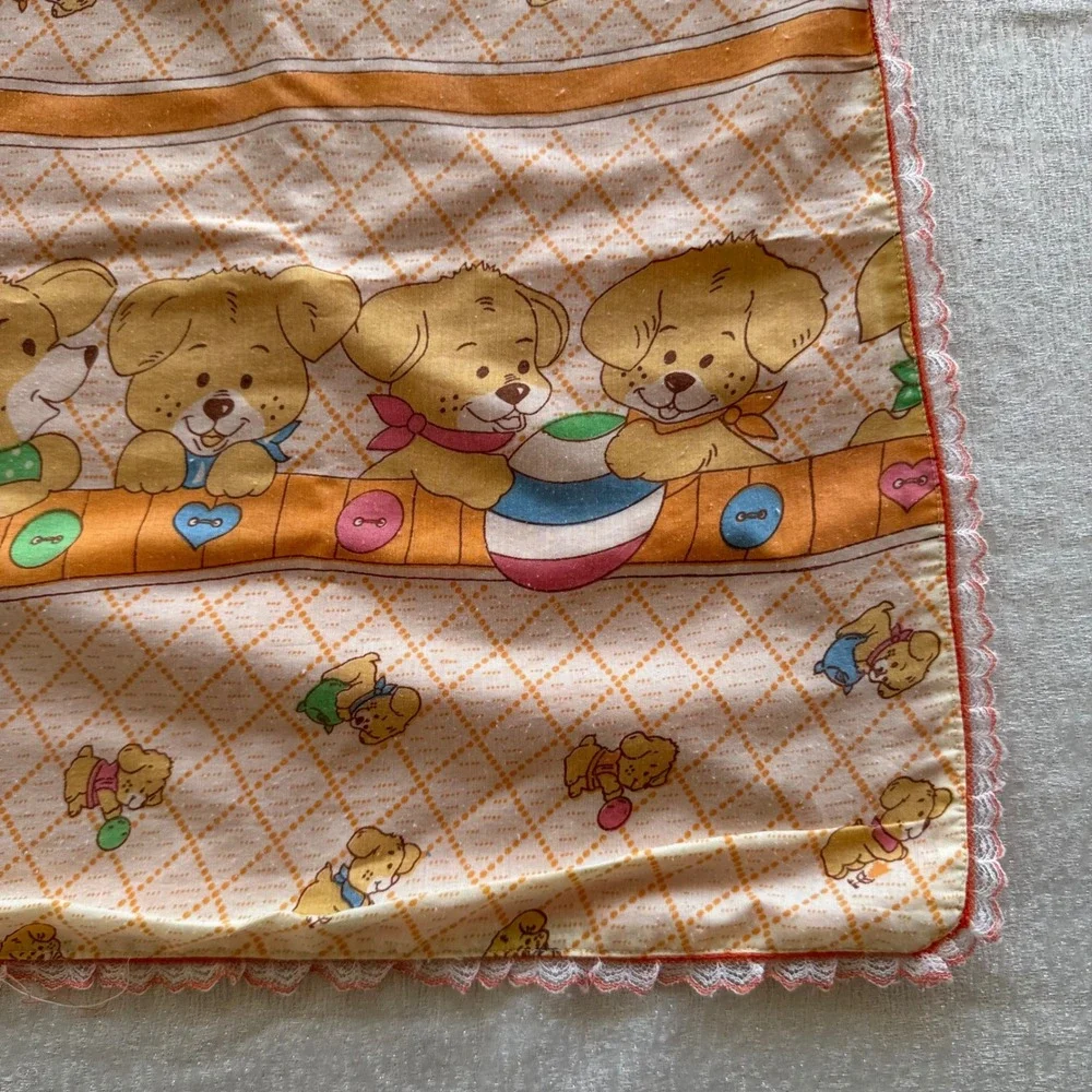 Vintage Puppy Dog Nursery Receiving Blanket Orange Lace Trim Retro 35x40